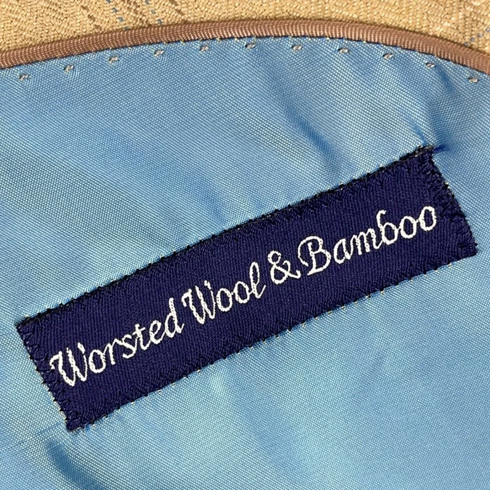 Alan Flusser Worsted Wool‎ Bamboo Plaid Blazer Sport Coat Tan Blue 46L Mens